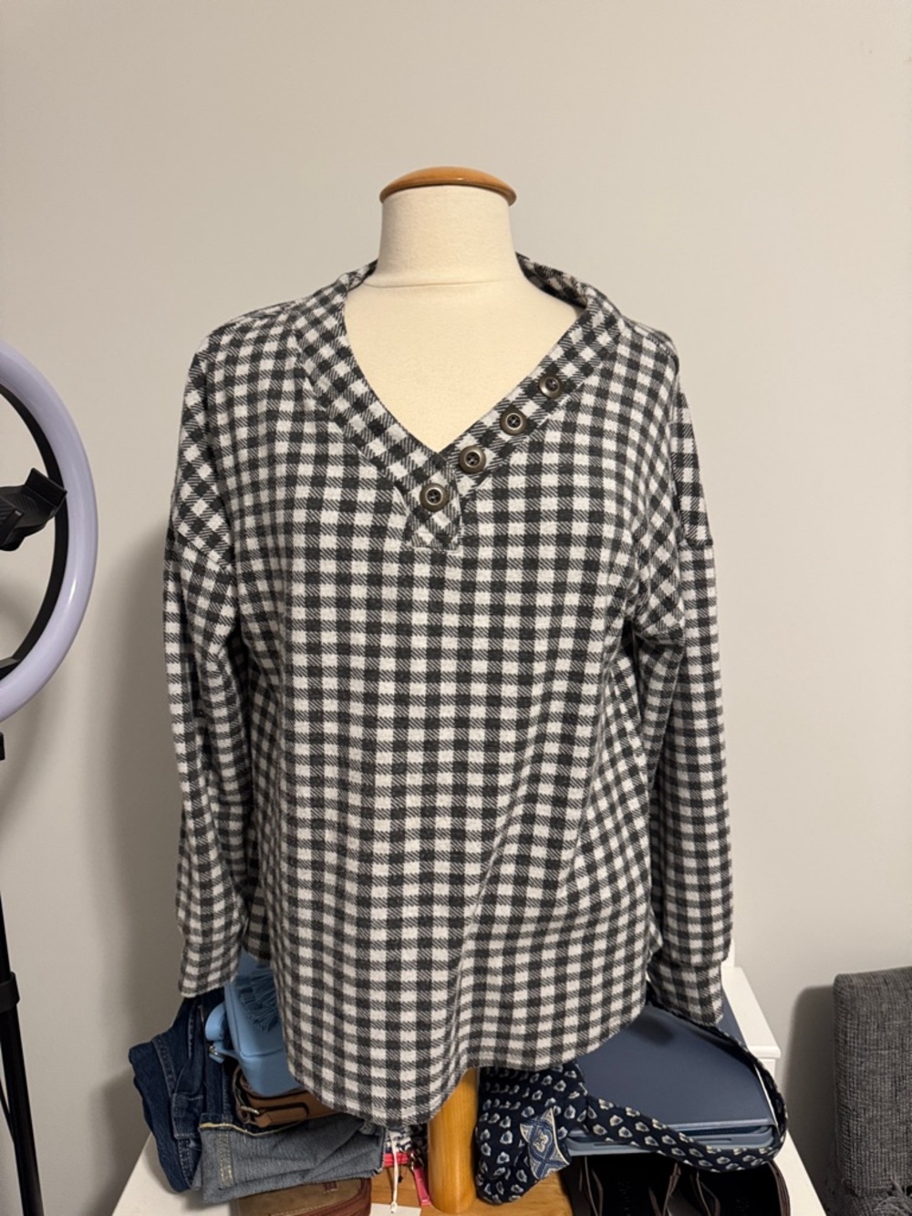 Soft Surroundings Black and White Plaid Button-Neck Pullover
